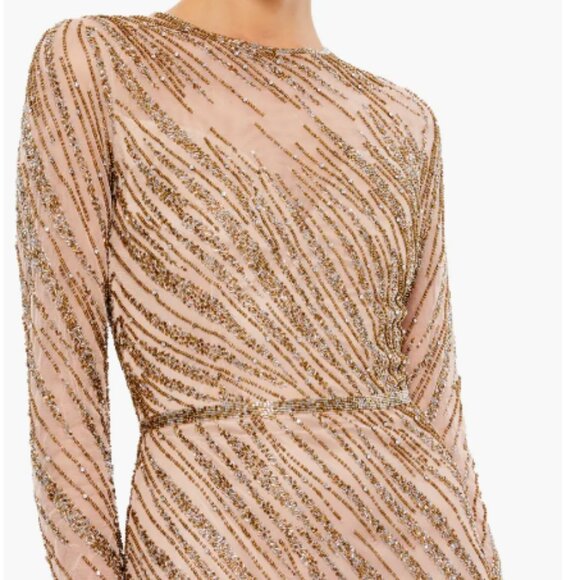 MAC DUGGAL 5240 BEADED LONG SLEEVE TULLE MOCHA COLUMN GOWN sz 18 - Picture 2 of 3